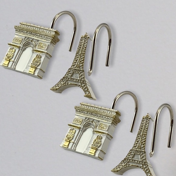 Paris Eiffel Tower Shower Hooks Arc de Triomphe French Resin White Gold 12 PC - Picture 6 of 16